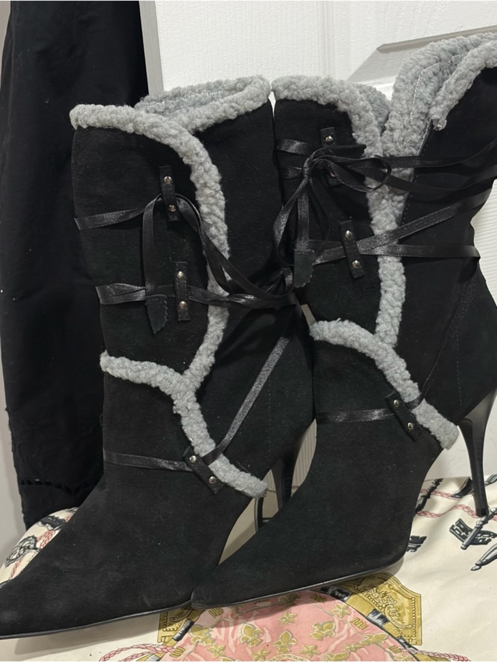 Black Suede Shearling-Trim Stiletto Boots